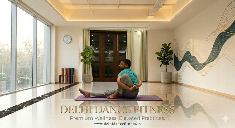 Ardha Matsyendrasana seated twist · personal yoga trainer Delhi home · premium studio