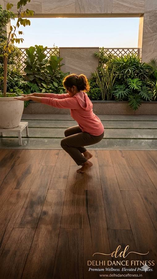 Utkatasana chair pose fitness training · home workout Delhi · certified personal trainer